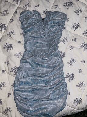 Fashion Nova Strapless Ruched Mini Dress in Shimmering Silver-Blue